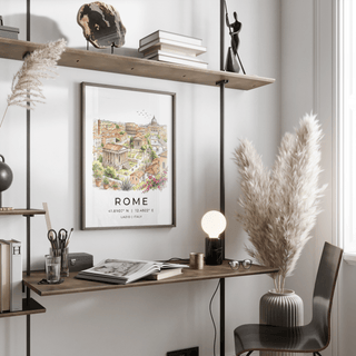 Rome Skyline wall art illustration in watercolour hung above a wooden desk with a lamp and books