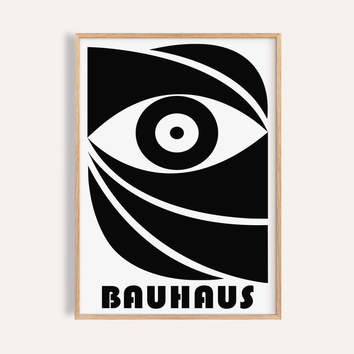 Framed Black Eye Poster with abstract eye and bauhaus text in black and white