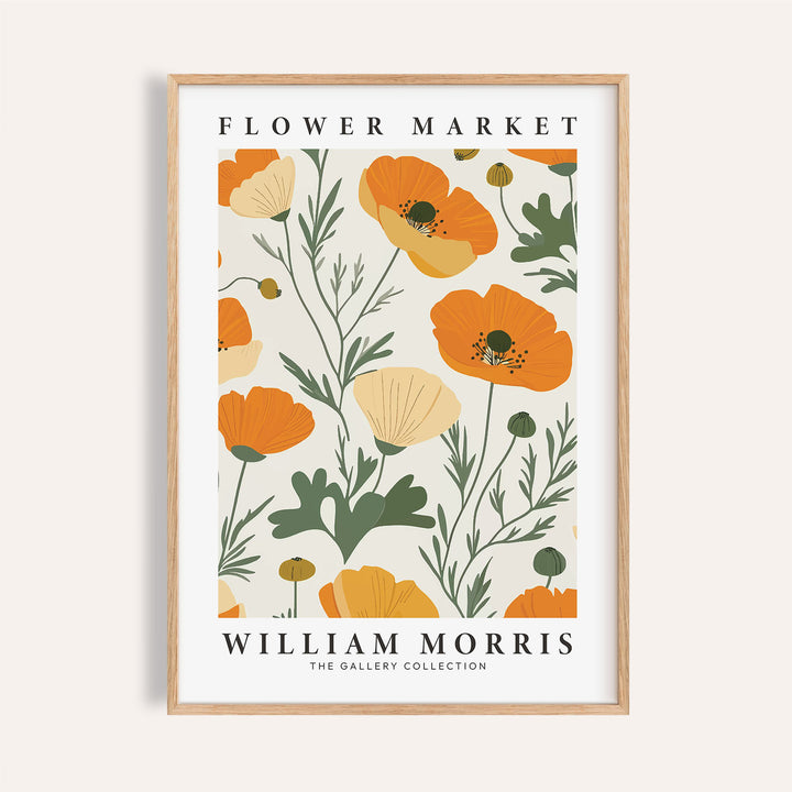 Wall Art Poppies minimalist botanical illustration of orange and cream poppy flowers with green leaves