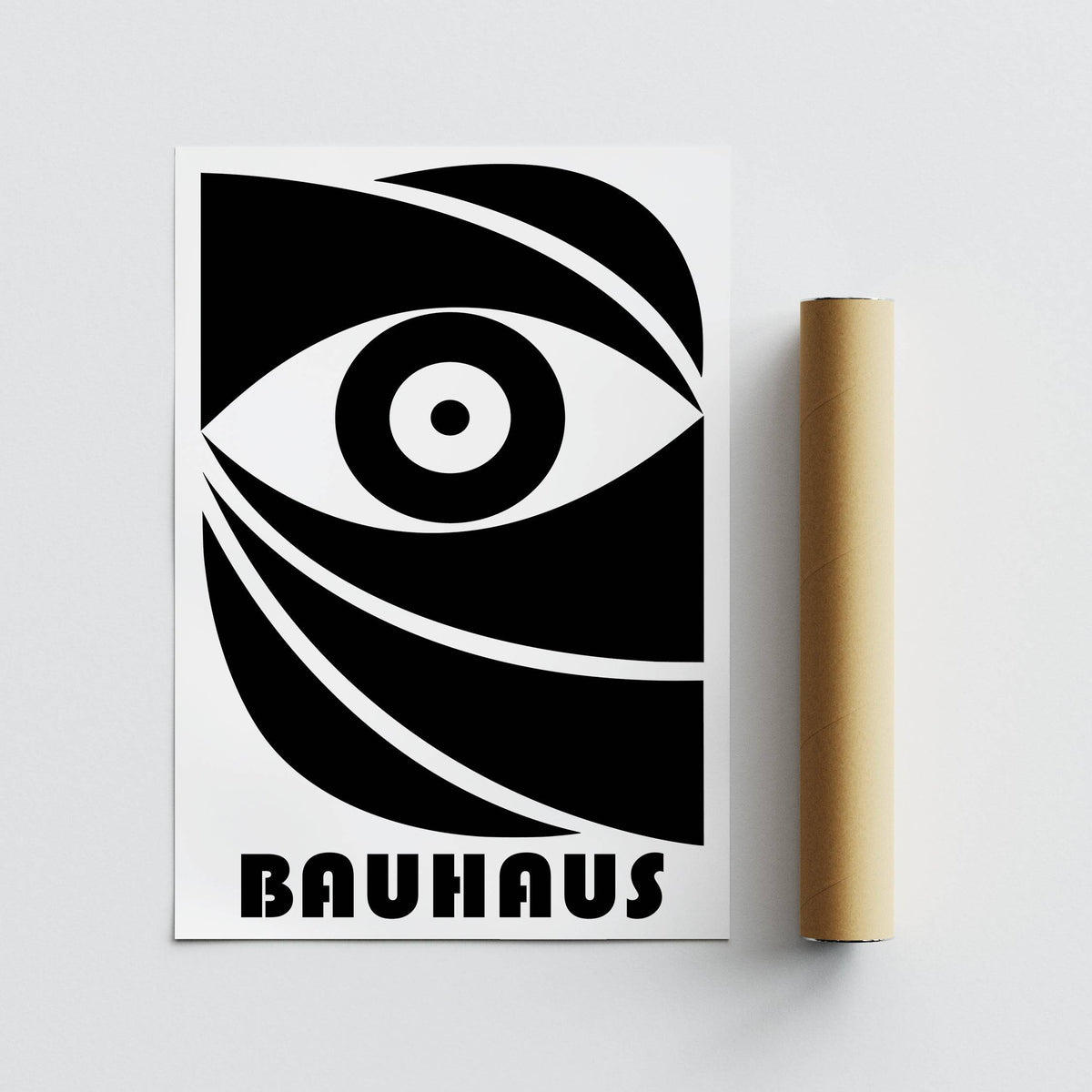 Rolled Black Eye Poster with abstract black and white eye design and Bauhaus text