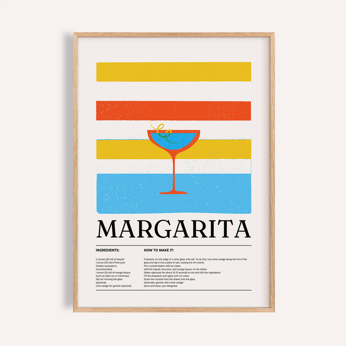 Framed Margarita wall art with minimalist margarita cocktail illustration and typographic recipe