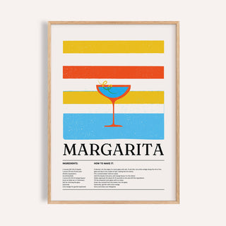 Framed Margarita wall art with minimalist margarita cocktail illustration and typographic recipe