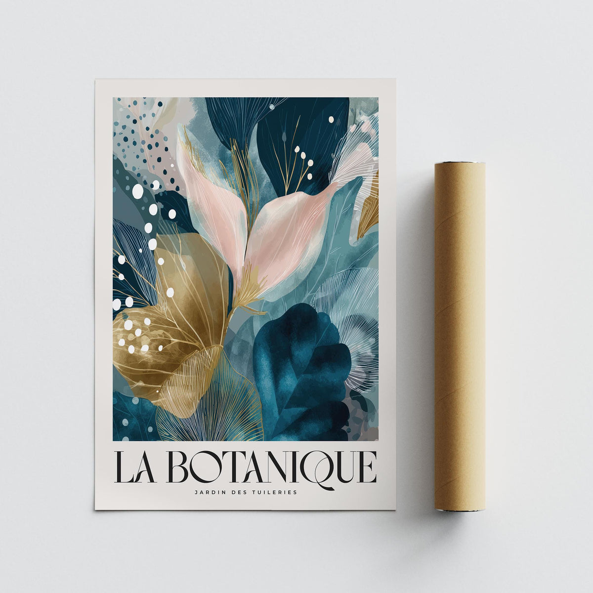 Elegant Wall Art for Living Room with abstract floral design and blue gold pink colours alongside a packaging tube