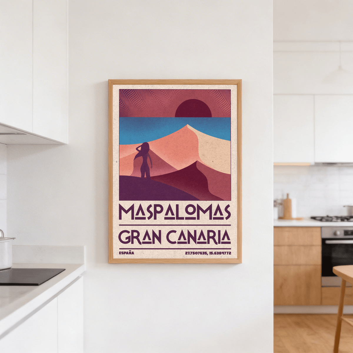 Maspalomas vintage wall art of sand dunes and a figure in muted red and blue hues in a kitchen