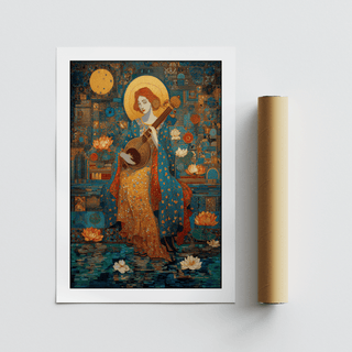 Saraswati Veena print with a woman playing lute in rich gold and blue tones next to a packaging tube