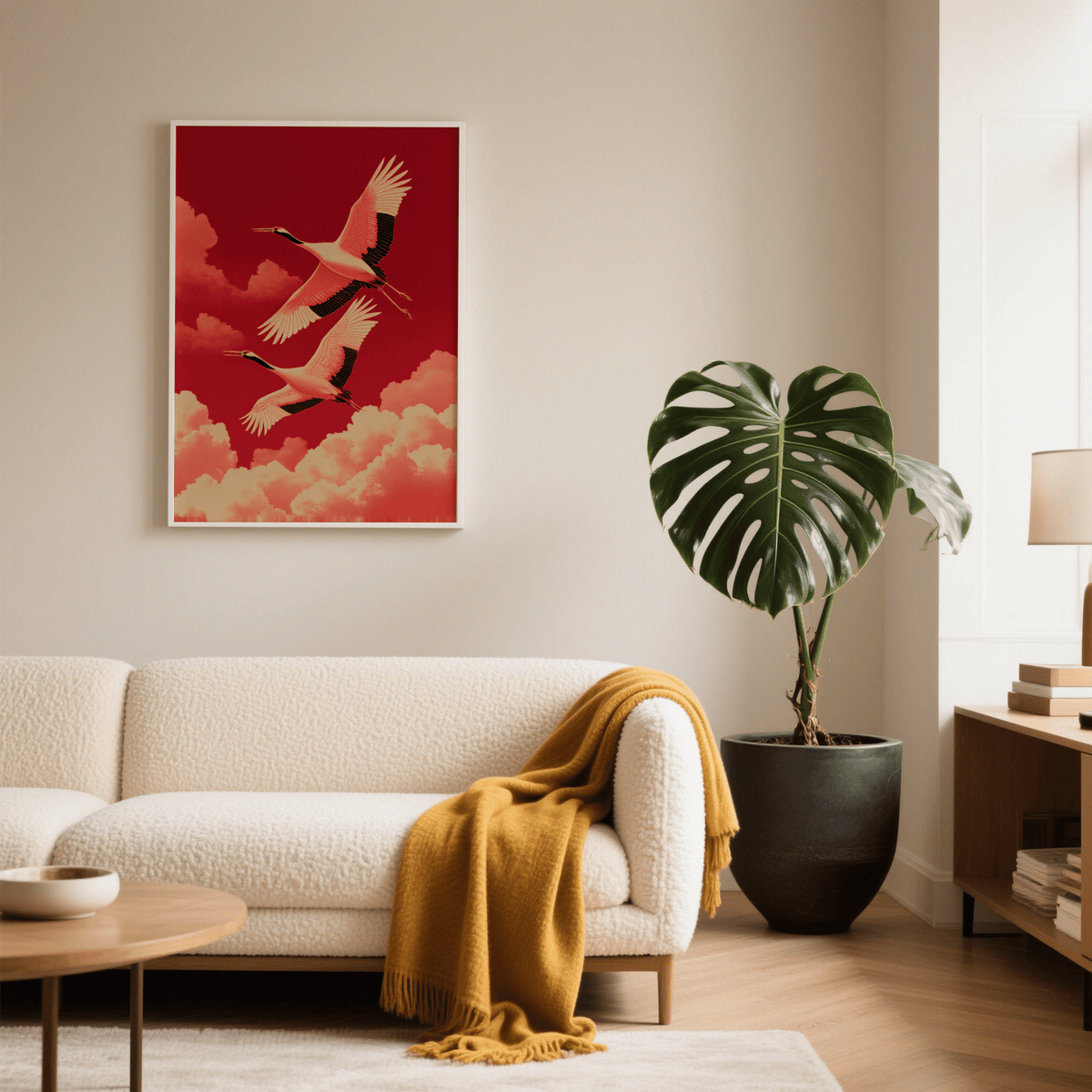 Flying Cranes wall art with red background and cream clouds above cream sofa draped with mustard blanket