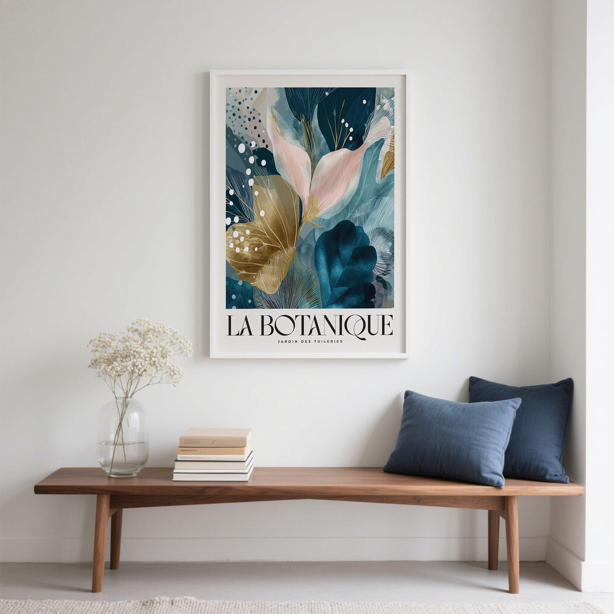 Elegant wall art for living room of abstract floral design in blue pink and gold above bench with cushions