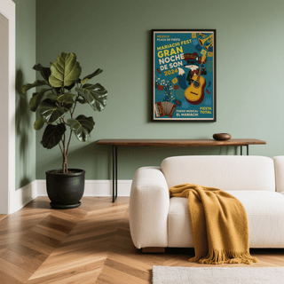 Print on a wall of Mexican Fiesta Art Print with a fox mariachi guitarist in bright folk-art style with green and yellow colours in