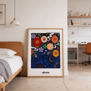 Bohemian Lantern Poster leaning on the floor with colourful folk-art lanterns in a bedroom