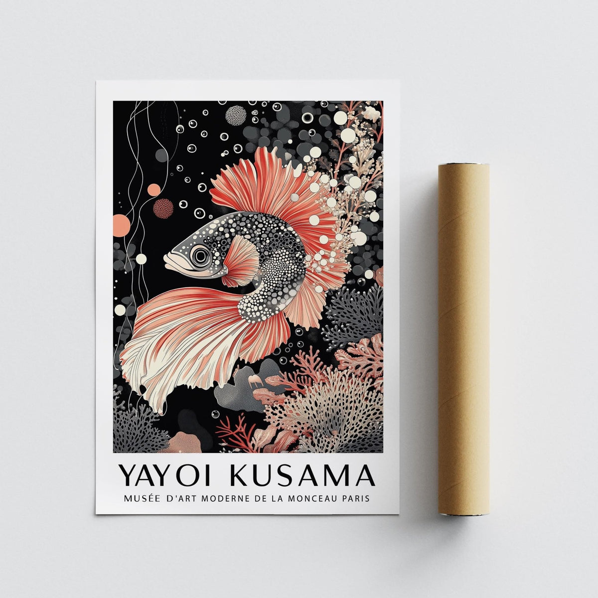 Asian wall art print with a koi fish illustration in black white and coral next to a packaging tube