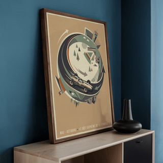 Single Seater Race Car wall art leaning on a cabinet with a black vase against a blue wall