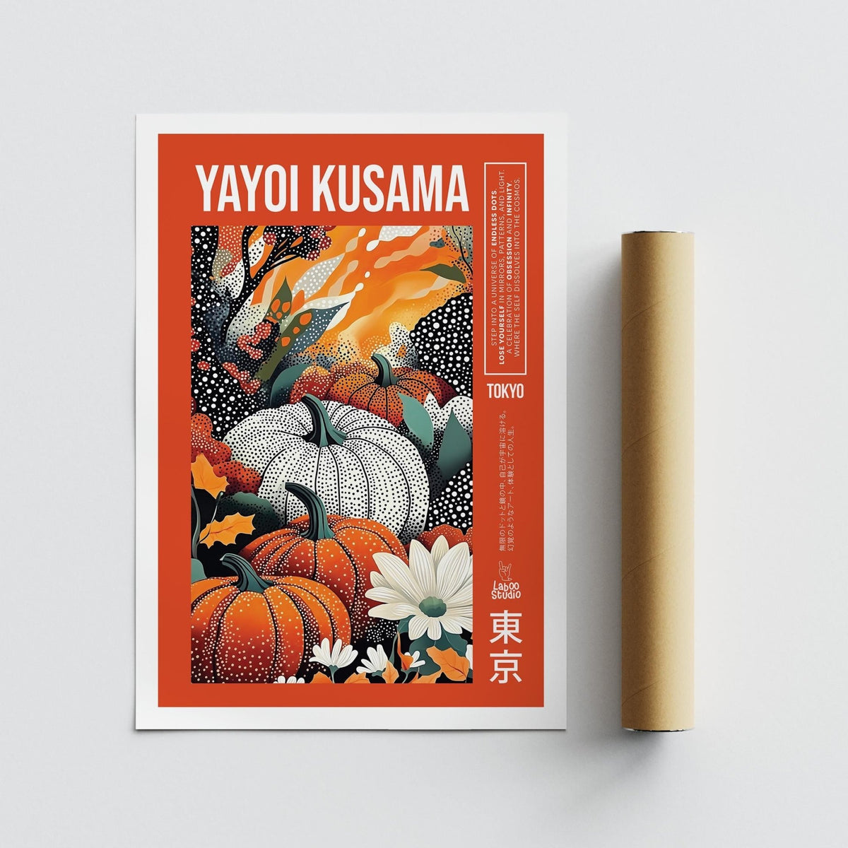 Dynamic dotted patterns and gourds in a scene inspired by Yayoi Kusama pumpkin print.