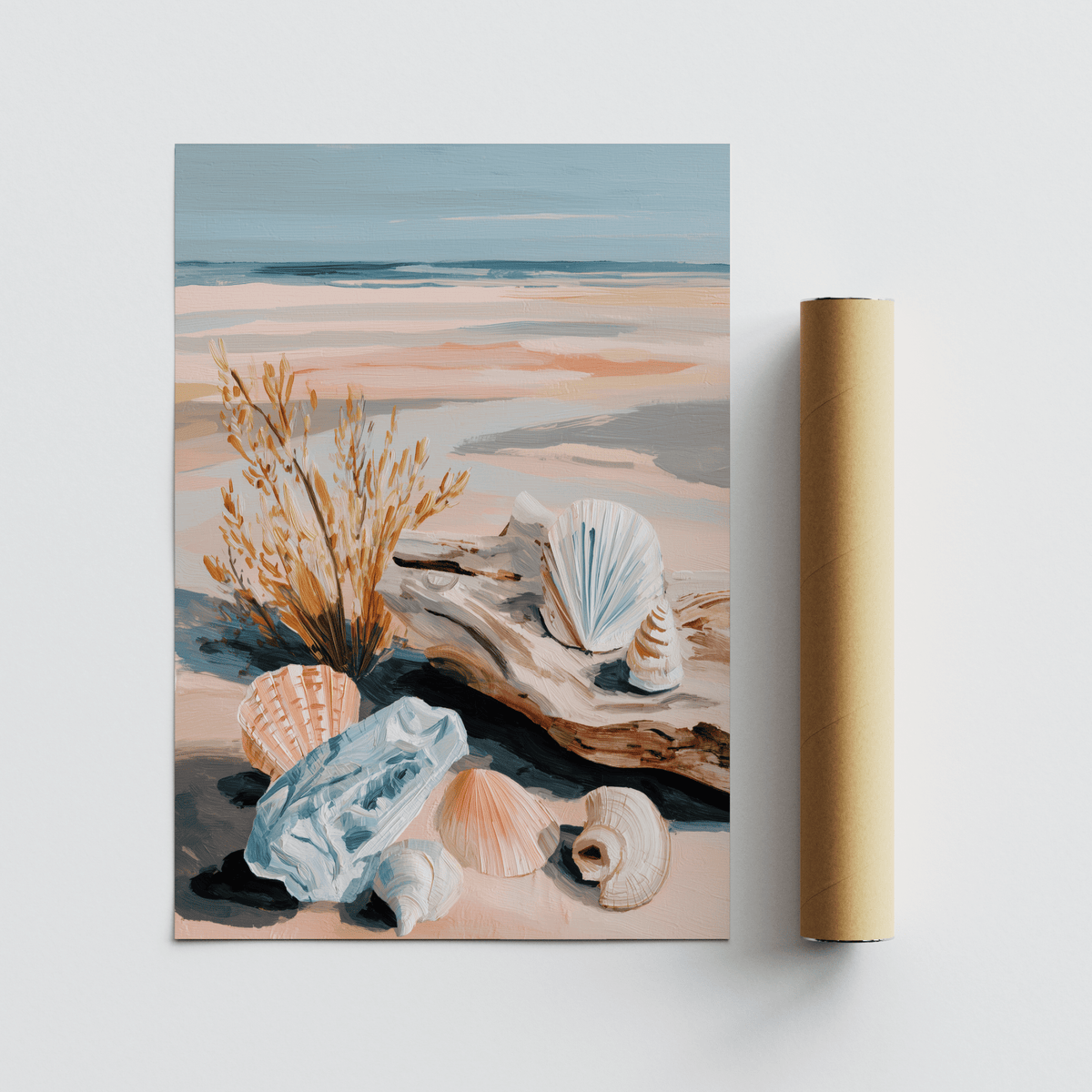 Coastal Shell Art print rolled beside a brown packaging tube on a white surface