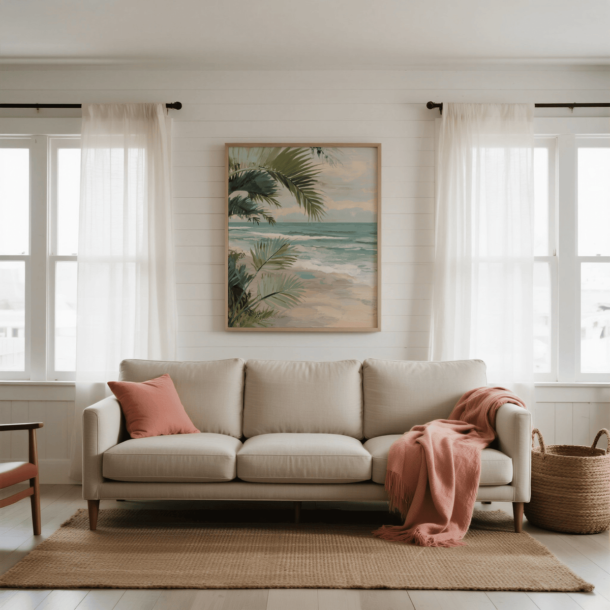 Tropical Beach Art print on a wall in a living room with natural tones and a pink throw on the sofa