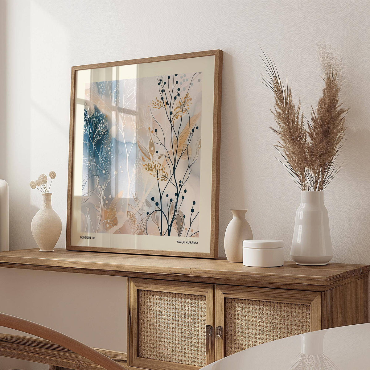 Neutral Prints framed botanical print with blue and beige tones on a wooden sideboard with vases