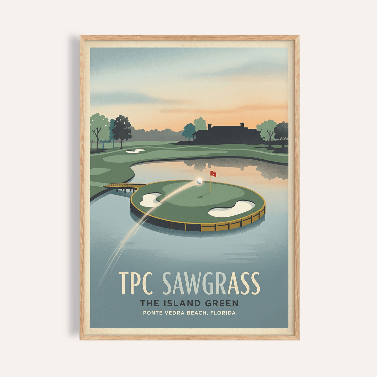 Framed Island Green Golf wall art showing a golf ball approaching the island green with text details