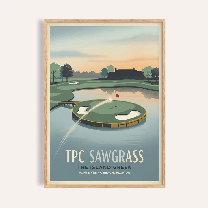 Framed Island Green Golf wall art showing a golf ball approaching the island green with text details