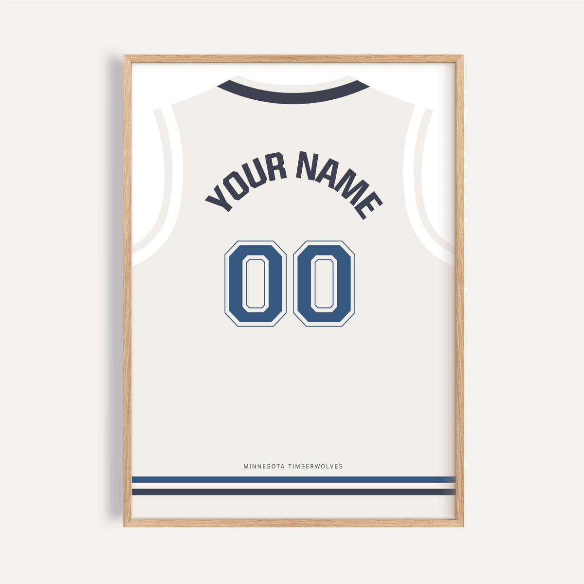 Framed close-up of basketball jersey poster in white with navy number and minimalist style