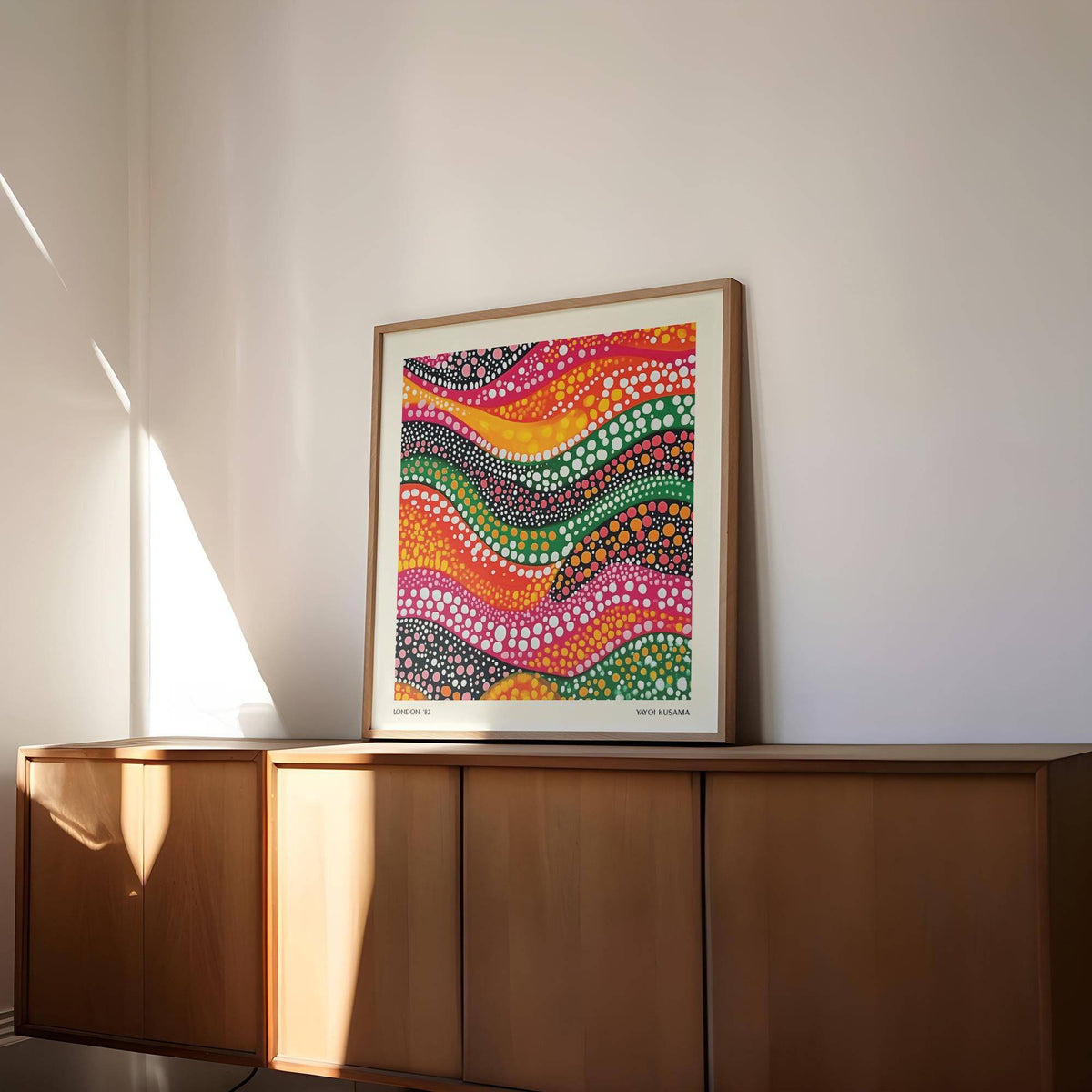 Abstract art colorful framed print with dotted waves leaning on a wooden sideboard with sunlight