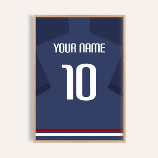 Framed close-up of a football shirt poster in navy blue with white number and minimalist design