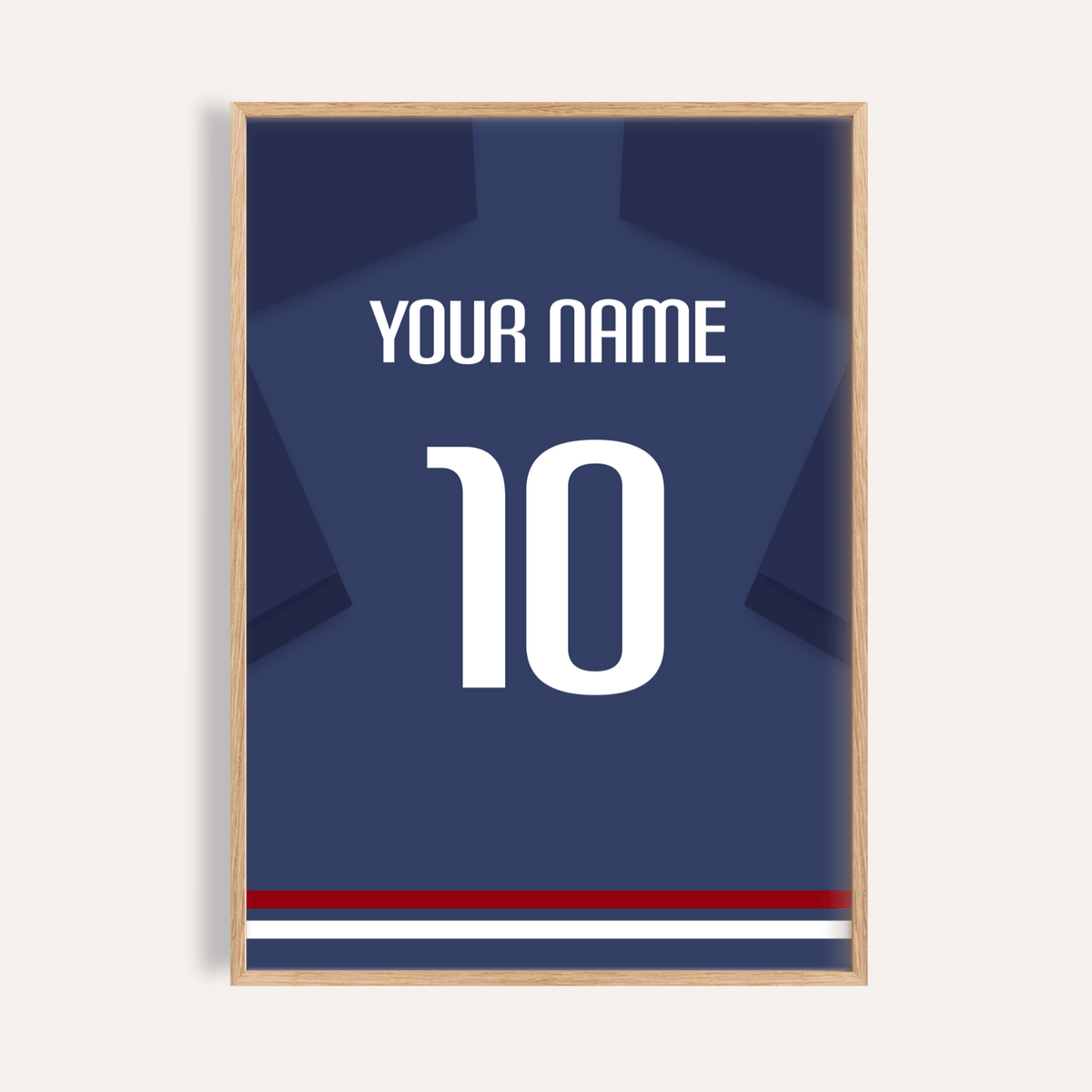 Framed close-up of a football shirt poster in navy blue with white number and minimalist design