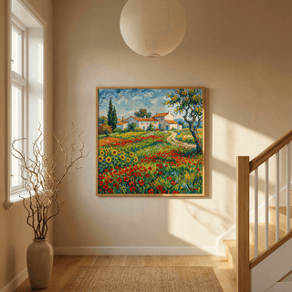 Van Gogh Painting framed print of a countryside cottage with flowers in a hallway near a vase with branches