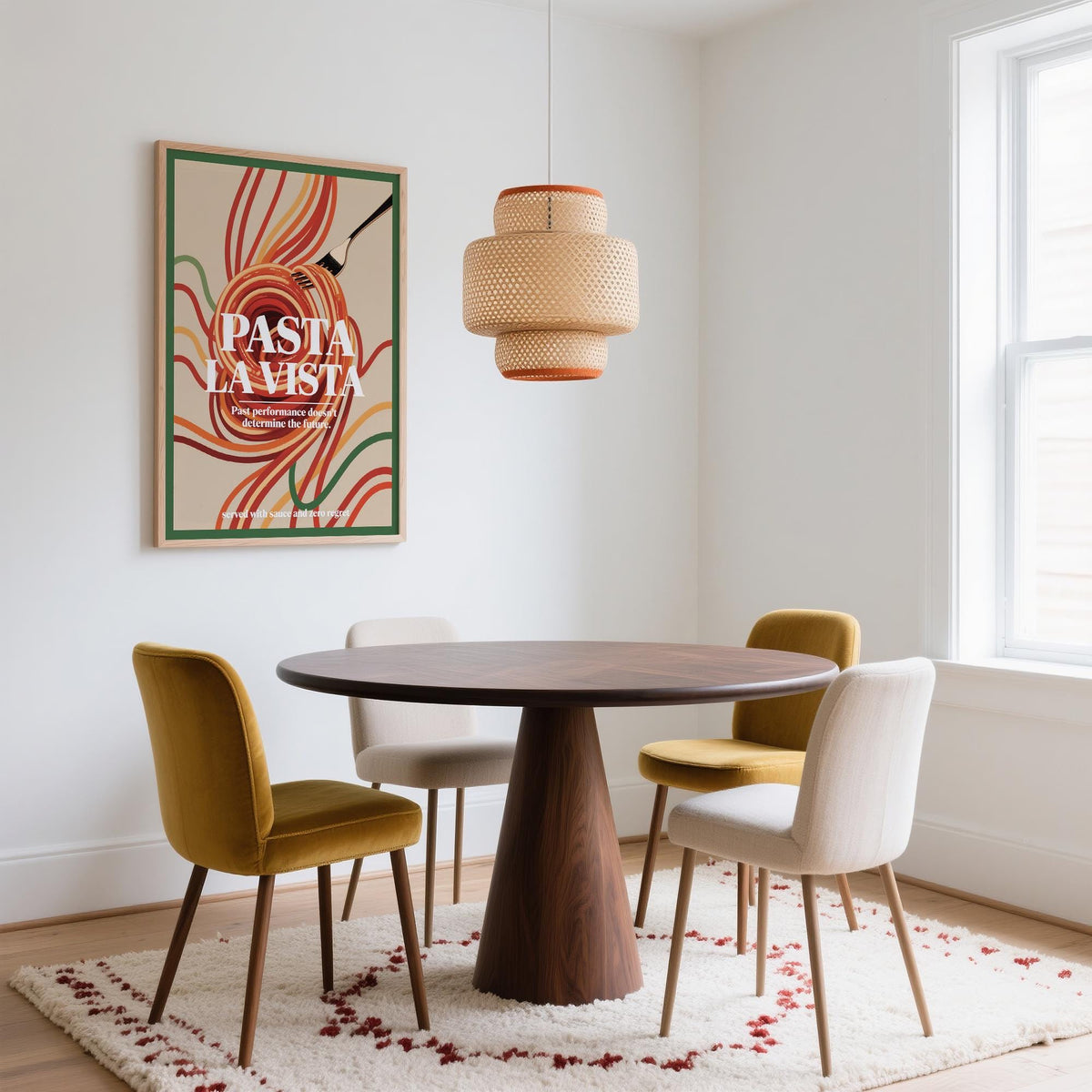 Dining Room Prints showing pasta illustration with typographic style above dining table with mustard and cream chairs