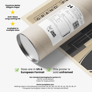 Rolled sports car poster with packaging tube and printed mailing label