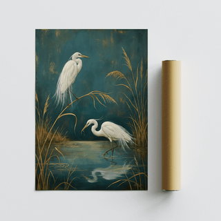 Egret wall art flat print with two white egrets and brown reeds next to a packaging tube
