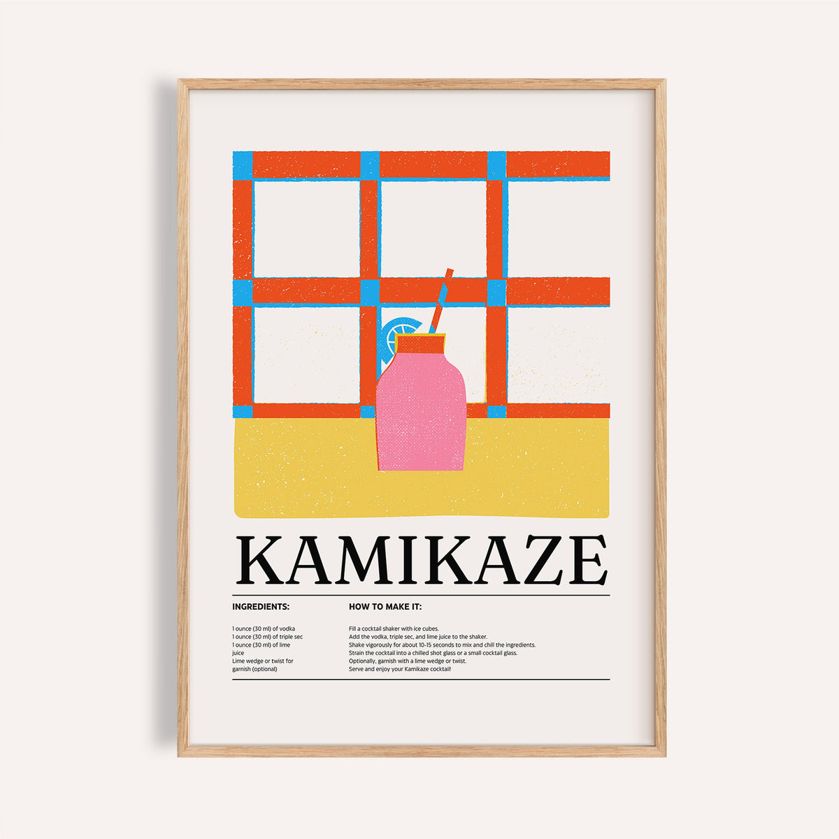 Framed print of Kamikaze cocktail illustration with red and blue grid and pink drink on yellow table