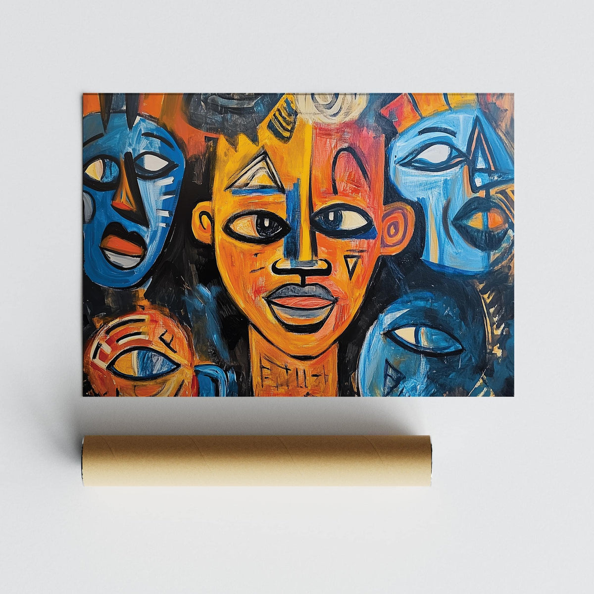 Abstract African wall art with tribal faces in bold orange and blue above a cardboard tube