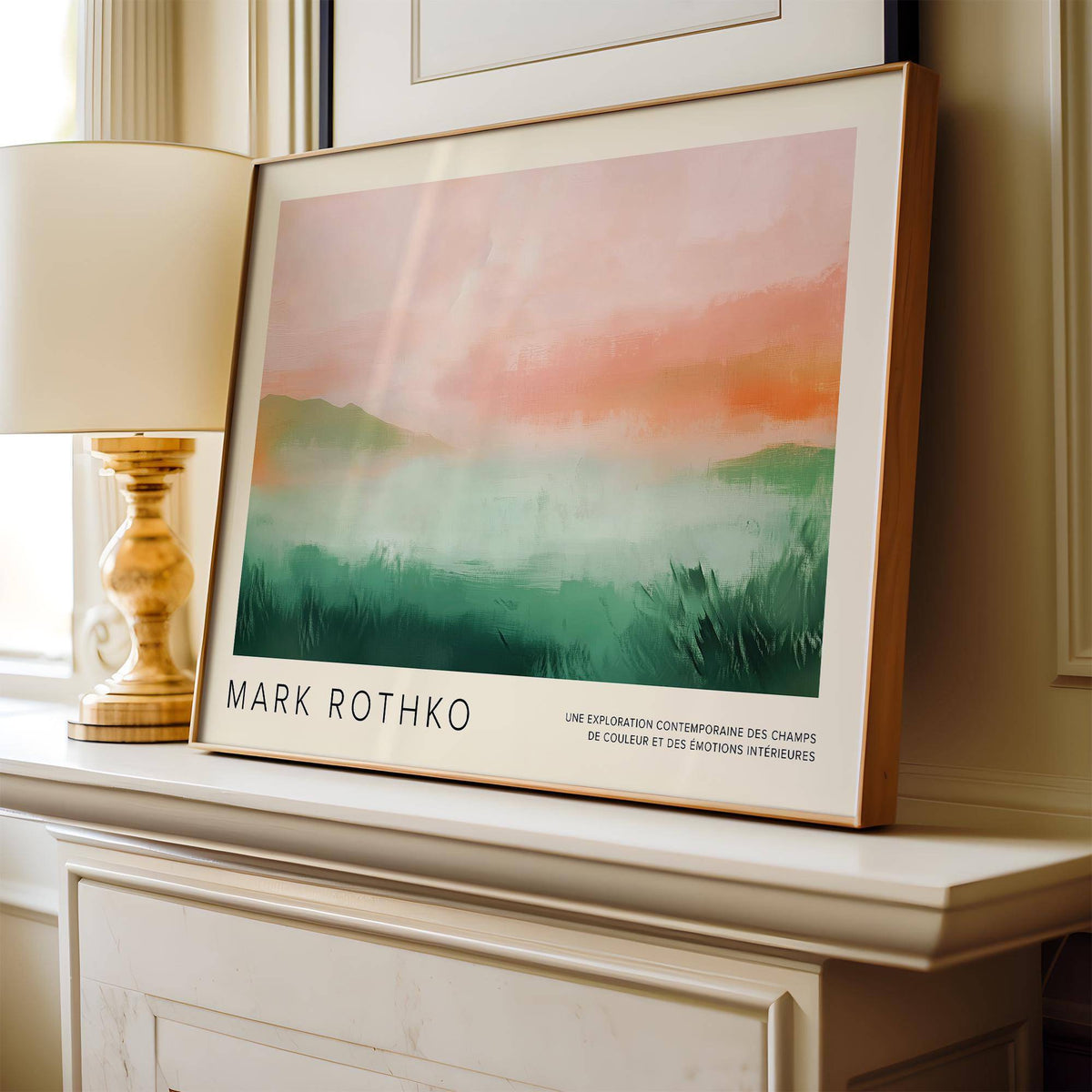 Pastel Colored Wall Art pastel abstract landscape in soft pink and green tones print leaning on a shelf with golden lamp