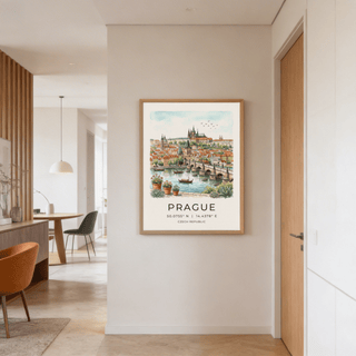 Prague City wall art of a watercolour illustration with orange rooftops and blue sky in a hallway