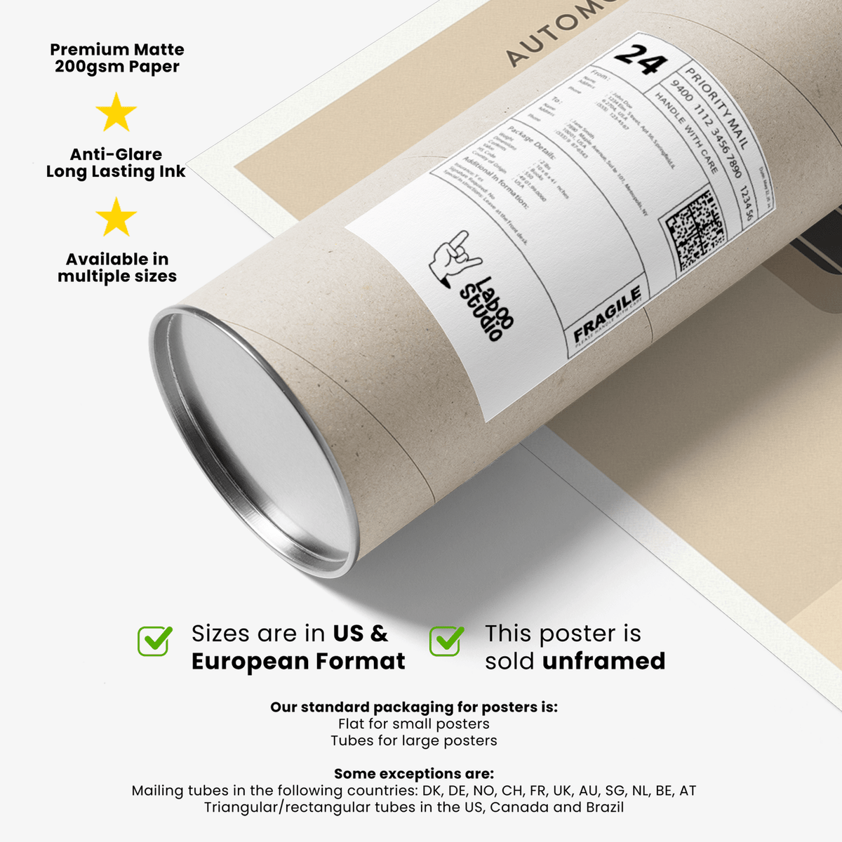 Roll of top-down racing car poster with packaging tube on a beige surface