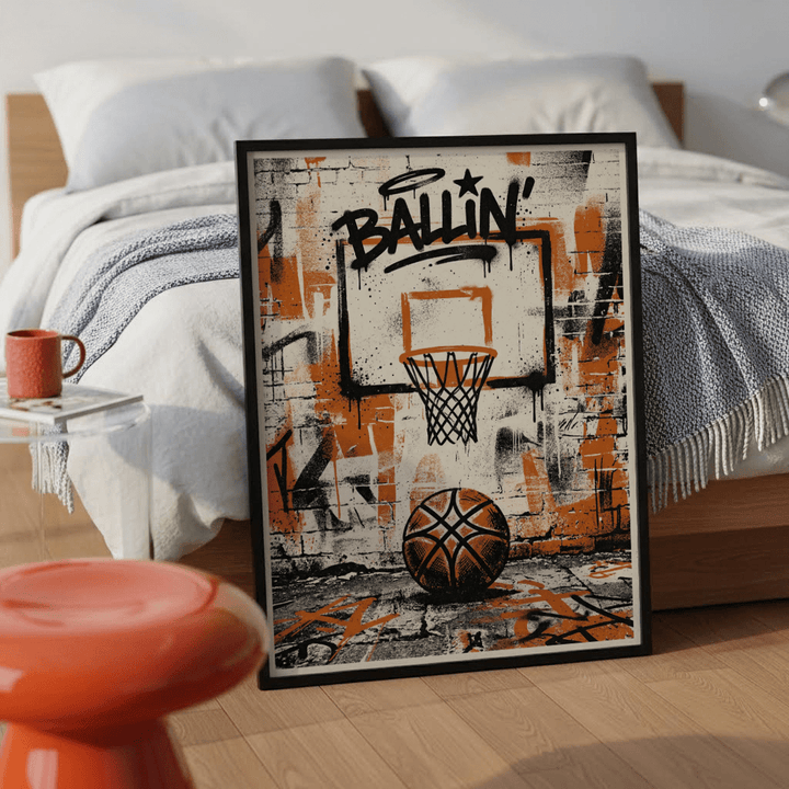 Urban Basketball Print close-up of street-art style basketball hoop and ball with orange and black colours leaning on floor near a red stool