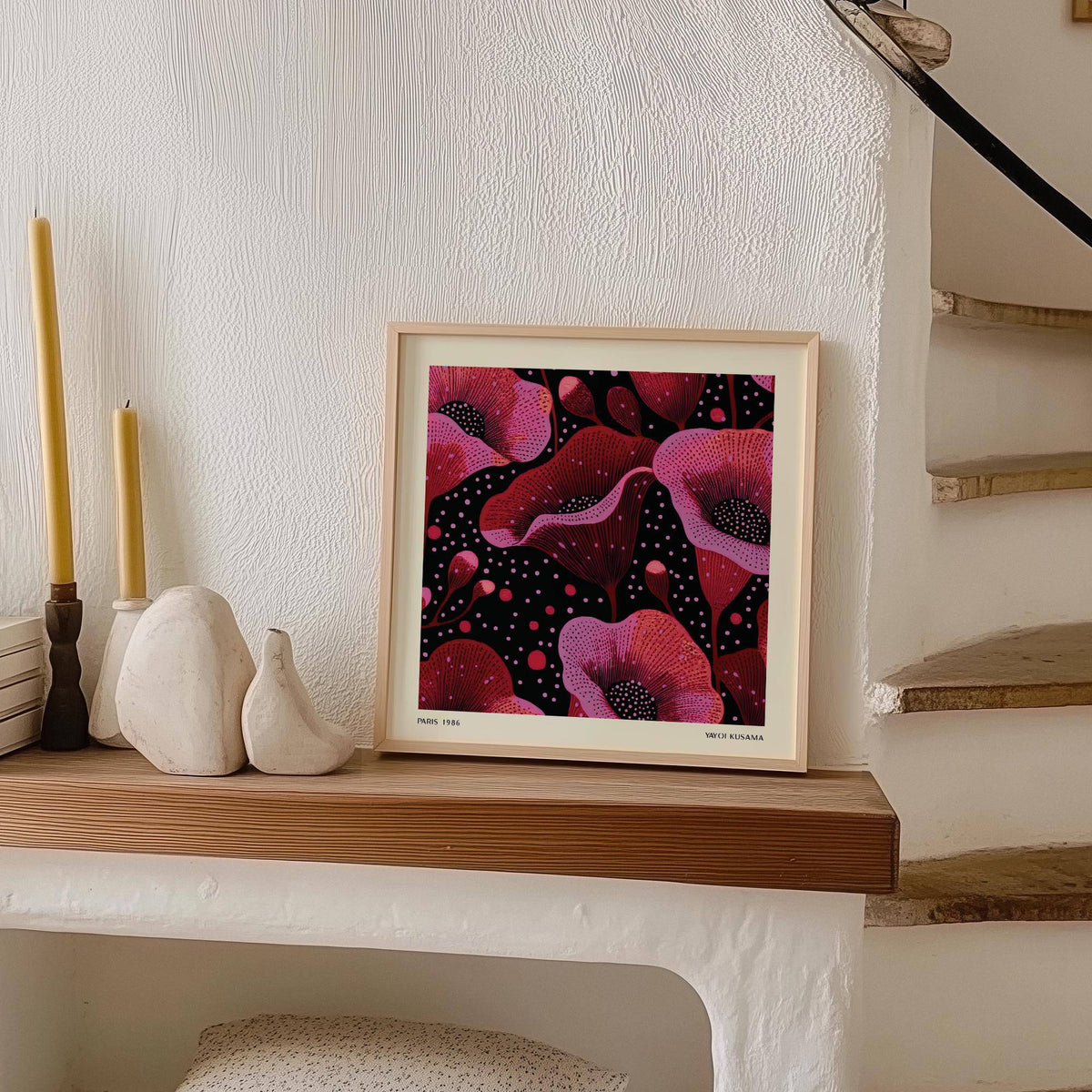 Abstract Pink Art print with pink poppy flowers on a wooden shelf next to candles and ceramics