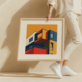 Posters for Office Space held in hands showing minimalist building facade in red blue and beige colours
