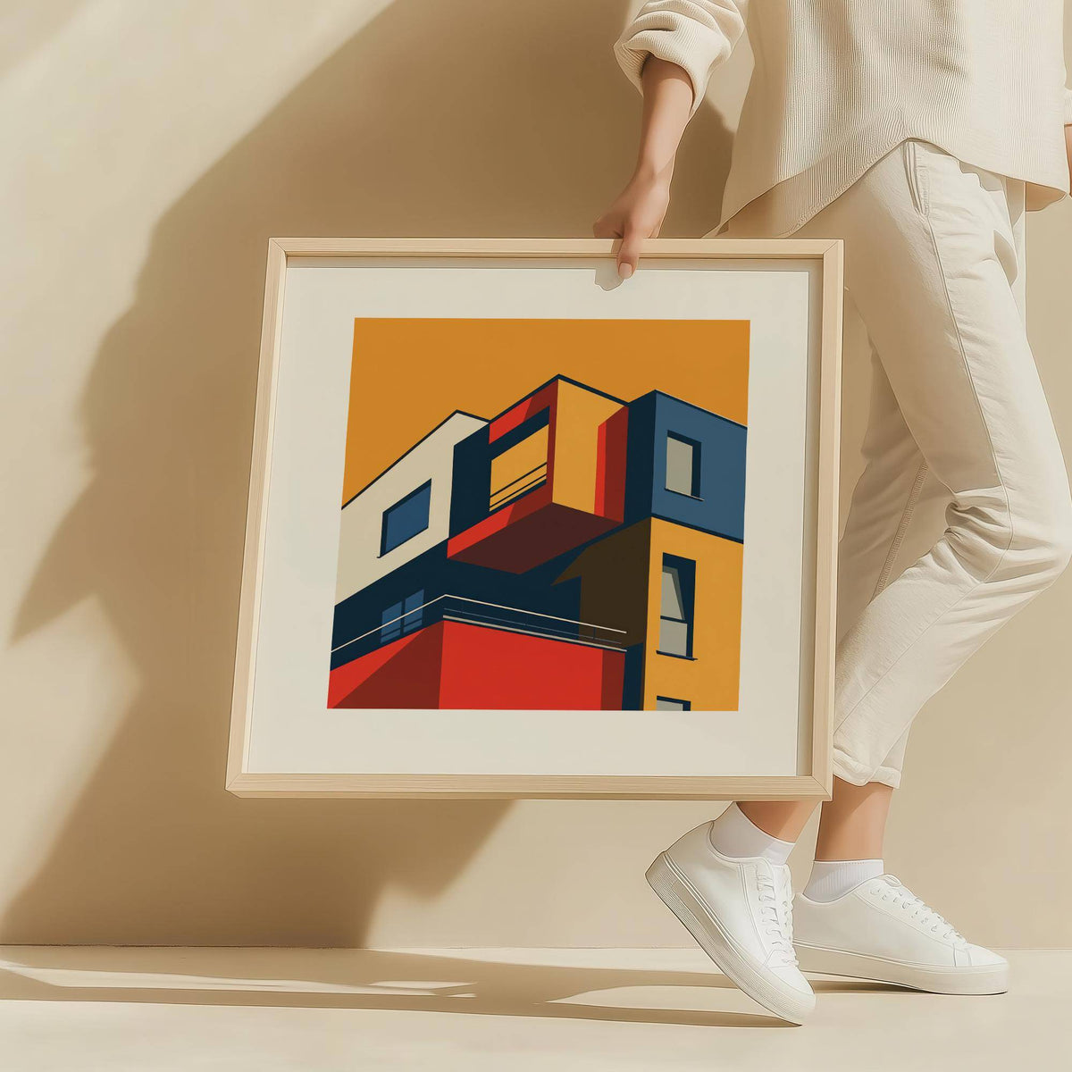 Posters for Office Space held in hands showing minimalist building facade in red blue and beige colours
