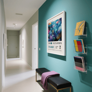 Fish artwork prints in a white frame showing colourful coral reef and fish on a teal wall with black bench