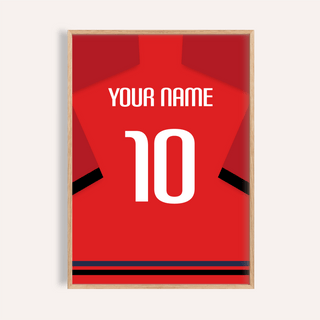 Framed Football Shirt Poster in Red with Black Sleeve Bands showing custom name and number 10