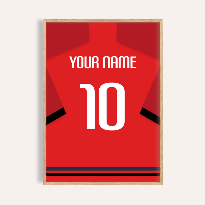 Framed Football Shirt Poster in Red with Black Sleeve Bands showing custom name and number 10