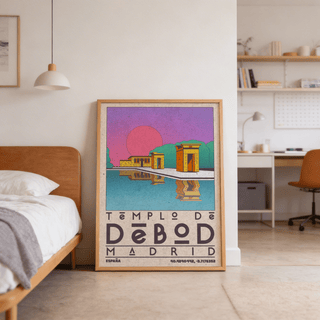Templo De Debod art print leaning on floor against wall beside a wooden bed in a bedroom