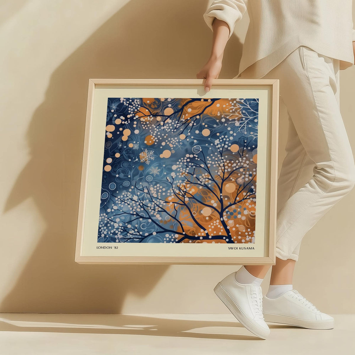Winter Scene wall art framed print held by person showing blue and orange abstract branches and berries