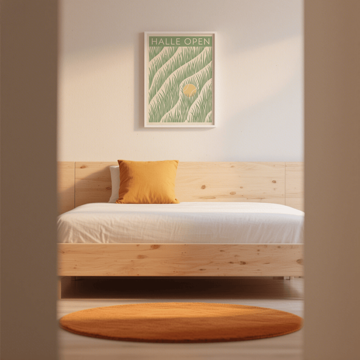 Tennis Grass Art Print on a bedroom wall above a bed with an orange cushion and circular rug
