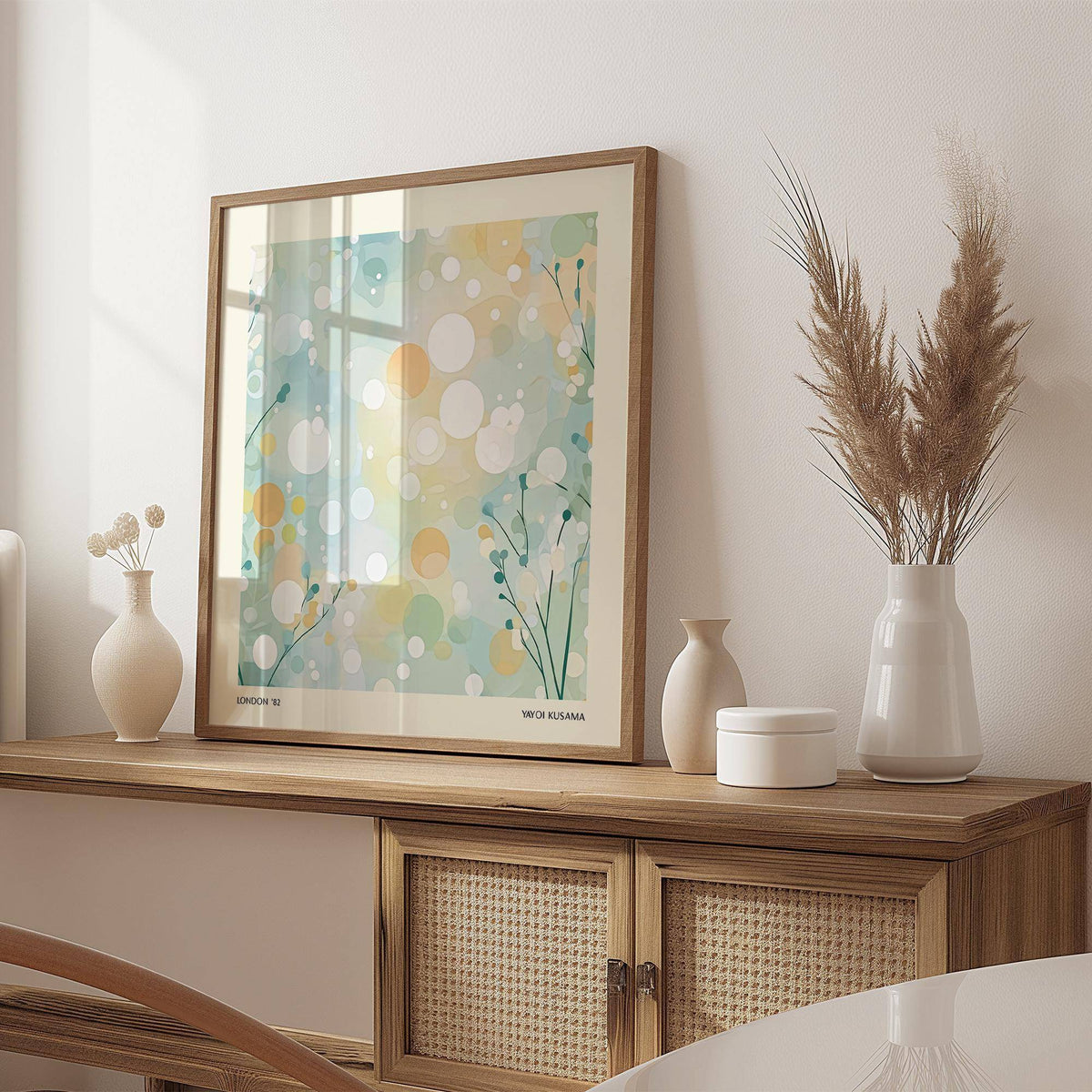 Sitting room wall art of abstract circles and dots in soft blue yellow and white leaning on a wooden sideboard with vases