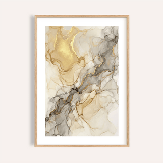Framed print of Fluid Art Gold Poster with abstract gold and grey veins on a cream background