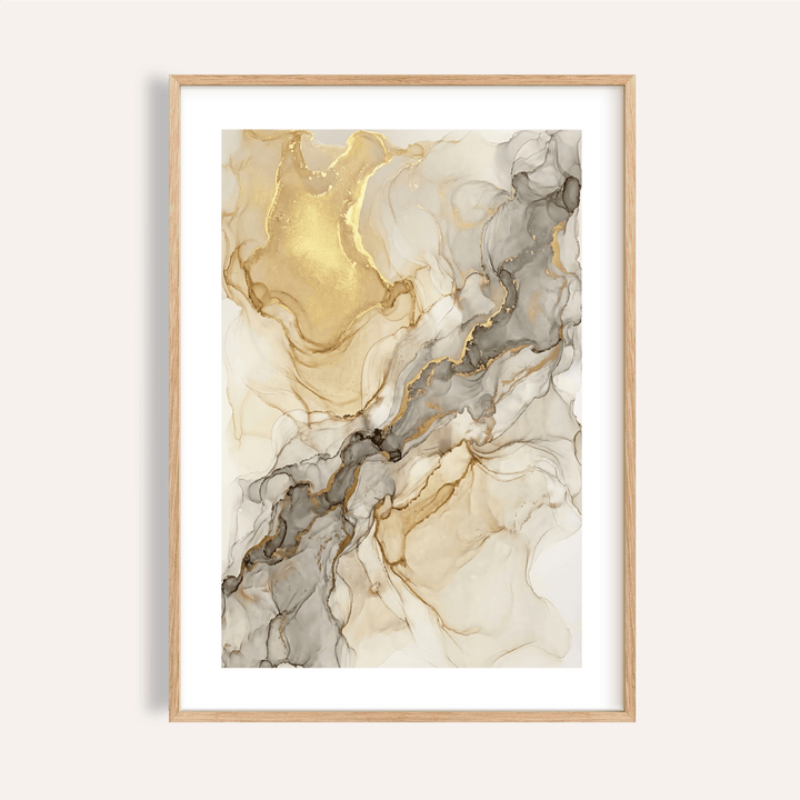 Framed print of Fluid Art Gold Poster with abstract gold and grey veins on a cream background