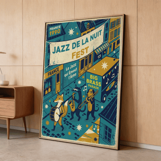 Print leaning on a floor showing a fox playing drum in a vintage mid-century style with teal and yellow colours, next to a wooden sideboard
