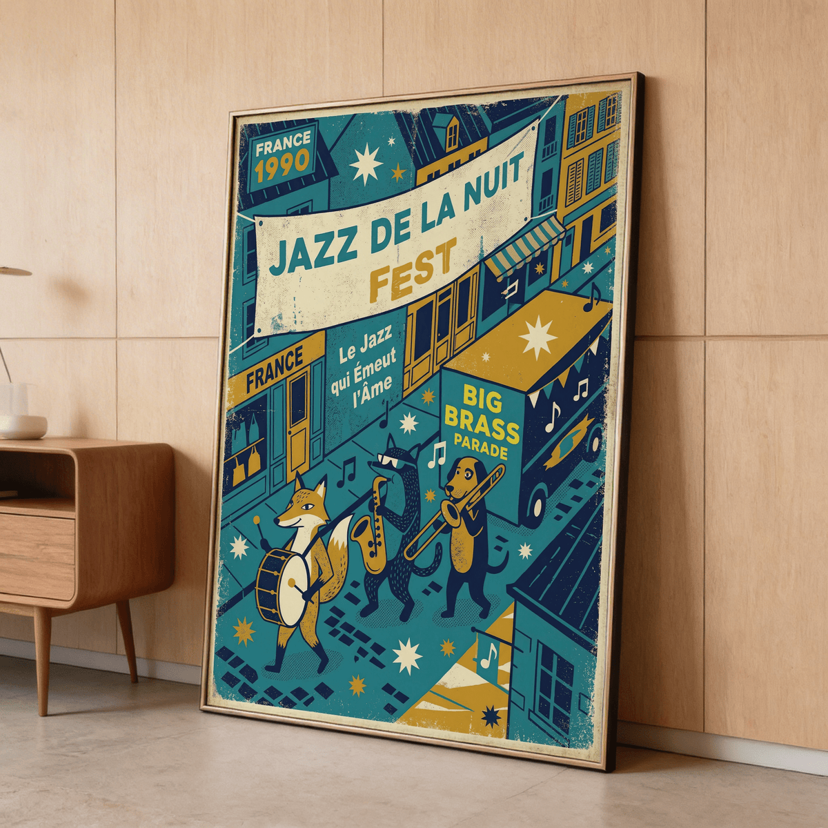 Print leaning on a floor showing a fox playing drum in a vintage mid-century style with teal and yellow colours, next to a wooden sideboard
