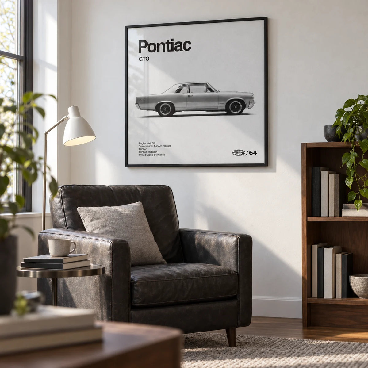 1960s Muscle Car Wall Art, framed on the wall of a compact upstairs reading snug in a UK home with a white wall and low walnut shelving in a living room